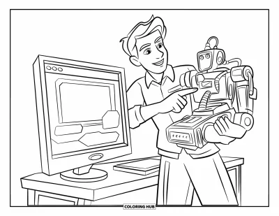 Teacher Coloring Page for Kids: A tech teacher explains a robot beside a screen, surrounded by desks and a classroom setting