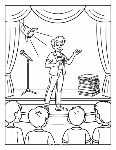 Teacher Coloring Page for Kids: A theater teacher gives direction on stage with props, a curtain, and a spotlight in hand