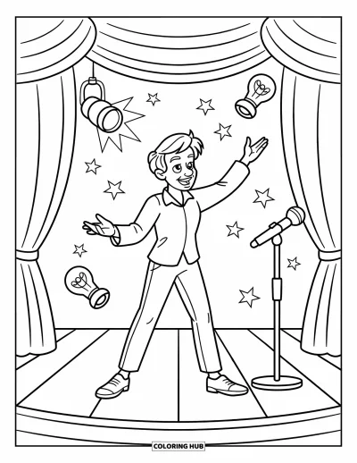 Teacher Coloring Page for Kids: A theater teacher gives directions on stage, surrounded by lights, props, and shining stars