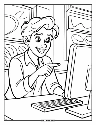 Teacher Coloring Page for Kids: A warm computer teacher gestures at a screen with a keyboard nearby and fun modern touches