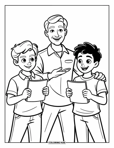 Teacher Coloring Page for Kids: A warm debate coach gestures toward two confident students holding notecards with bright energy