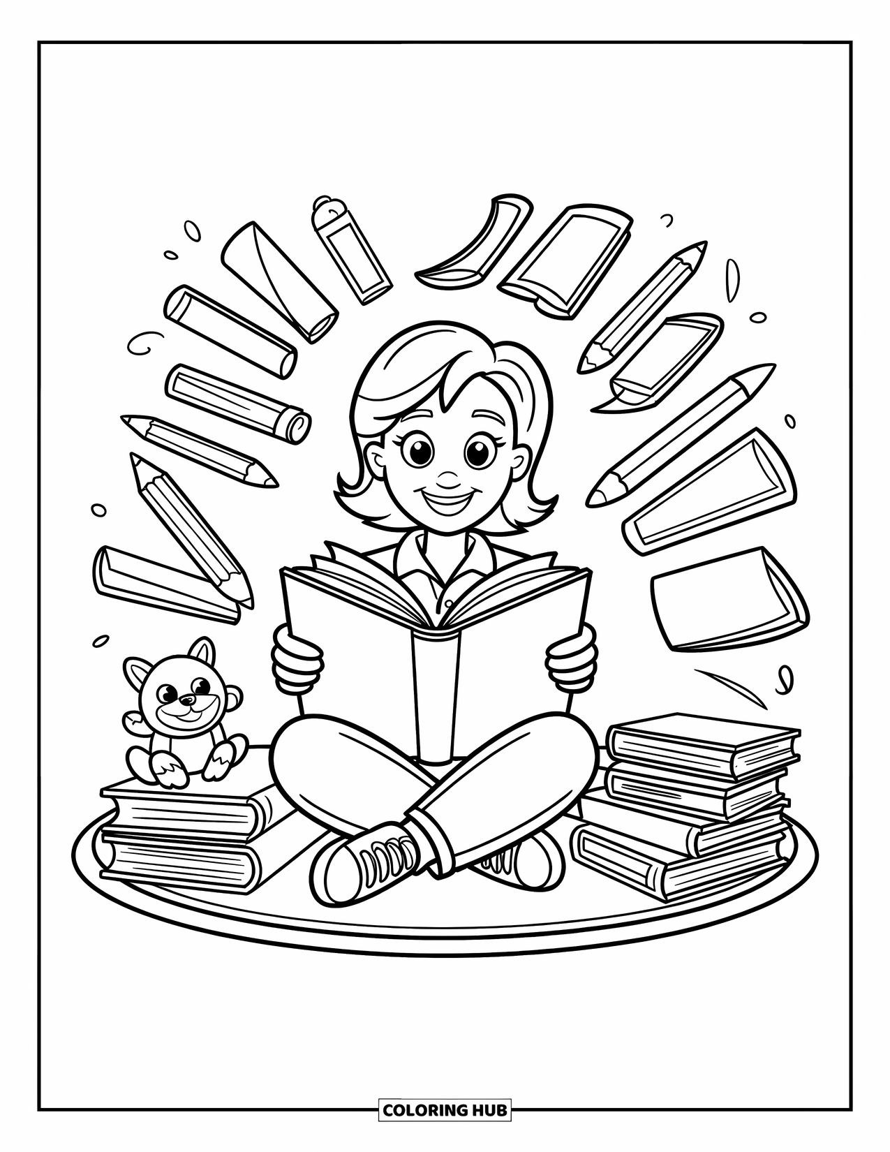 Lehrer Ausmalbild für Kinder: Eine herzliche Lehrerin liest ein Märchenbuch auf einer Matte vor, umgeben von Büchern, Bleistiften und kleinen Dekorationen