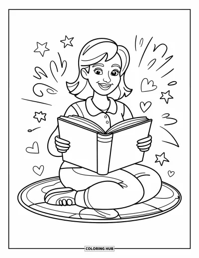 Teacher Coloring Page for Kids: A warm teacher sits on a mat with a storybook, stars, hearts, and little animals around