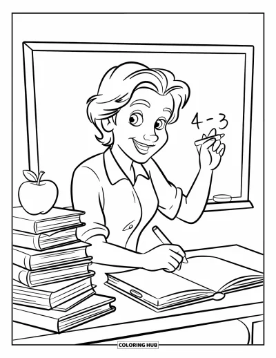 Teacher Coloring Page for Kids: A warm teacher smiles while writing on the chalkboard near books and a shiny apple