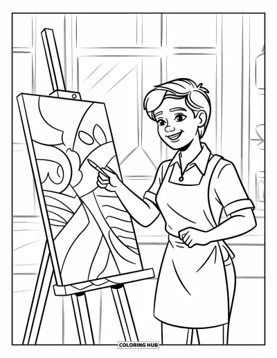 Teacher Coloring Page for Kids: An art teacher points to a student's painting near a window, full of shapes and energy