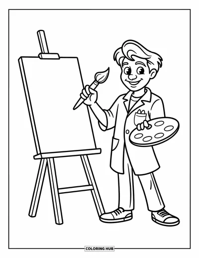Teacher Coloring Page for Kids: An art teacher poses with a brush and palette near an easel, ready to inspire young artists