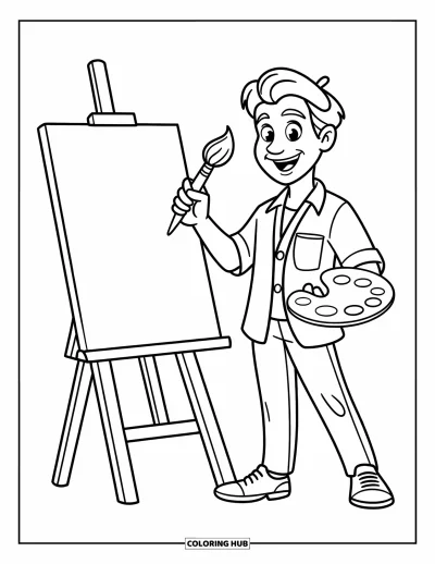 Teacher Coloring Page for Kids: An art teacher smiles while holding a brush and palette next to a blank canvas on an easel