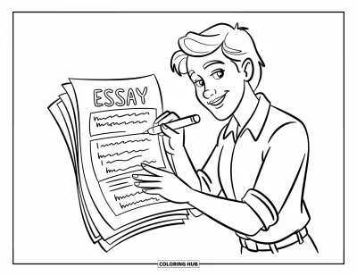 Teacher Coloring Page for Kids: An expressive teacher gives feedback on an open notebook, with lively lines and doodled details