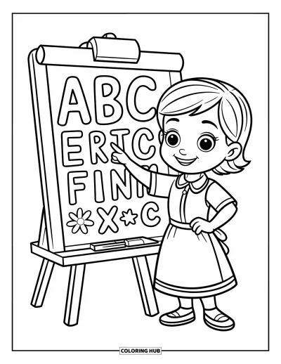 Teacher Coloring Page for Kids: Cute teacher pointing to ABC letters on a big easel