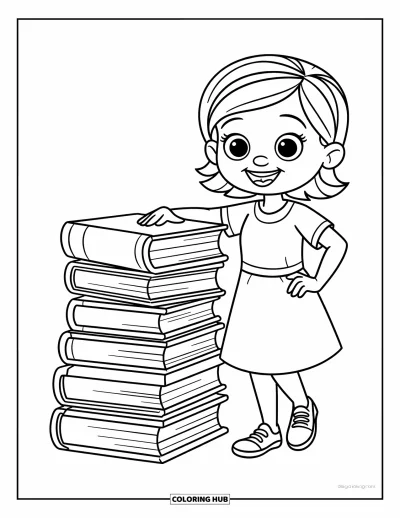 Teacher Coloring Page for Kids: Cute teacher standing next to a tall stack of books with a playful smile