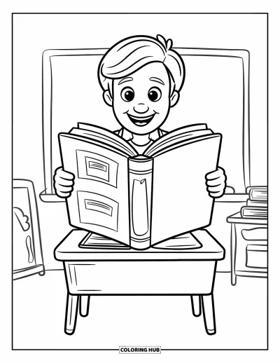 Teacher Coloring Page for Kids: Friendly teacher reading a big book near a tiny desk