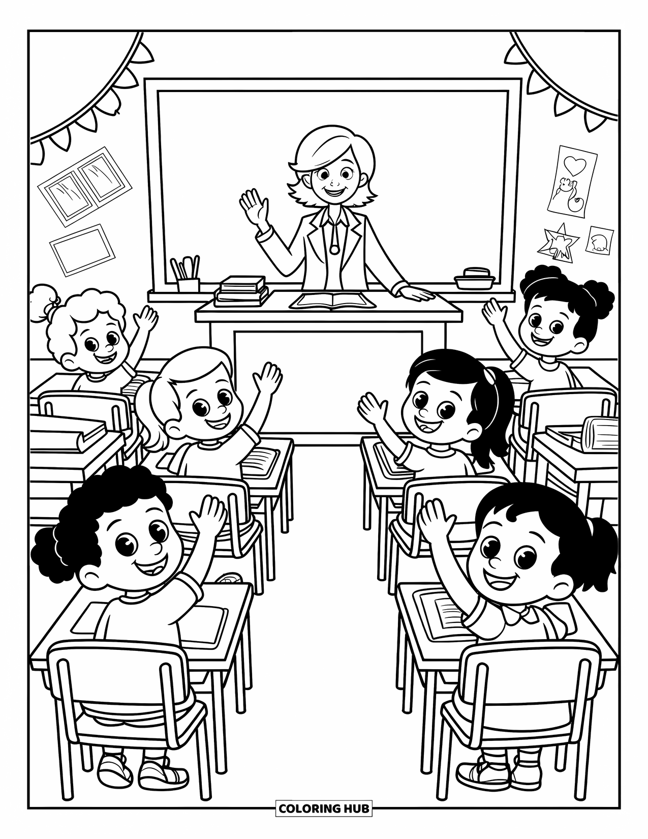 Lehrer Ausmalbild für Kinder: Glückliche Schüler heben die Hände, während ihre Lehrerin in der Nähe der Tafel und des Klassenzimmerpults steht
