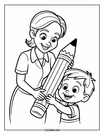 Teacher Coloring Page for Kids: Happy teacher giving a giant pencil to an excited child
