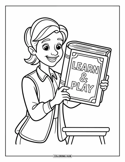 Teacher Coloring Page for Kids: Happy teacher holding a big book with “LEARN & PLAY” on the cover