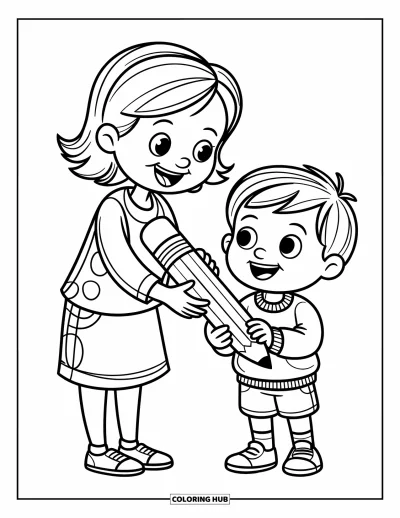 Teacher Coloring Page for Kids: Joyful teacher offering a large pencil to a curious child