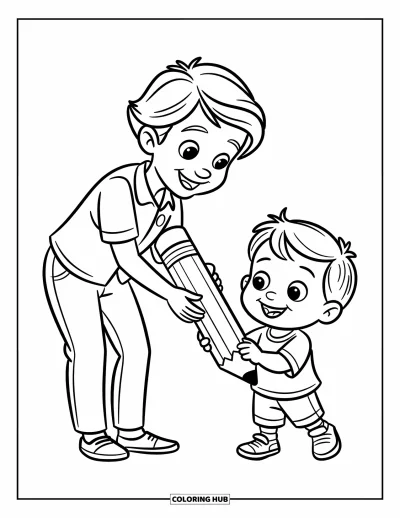 Teacher Coloring Page for Kids: Smiling teacher handing a big pencil to a cheerful student