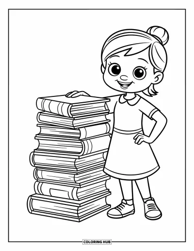 Teacher Coloring Page for Kids: Smiling teacher next to oversized books with hands on hips