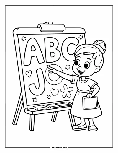 Teacher Coloring Page for Kids: Smiling teacher pointing at ABC letters with stars and hearts