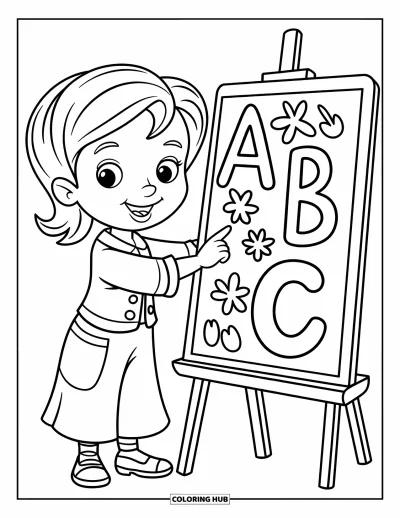 Teacher Coloring Page for Kids: Smiling teacher pointing at ABC with stars and flowers around
