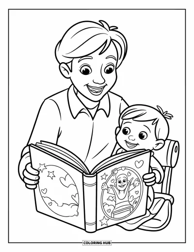 Teacher Coloring Page for Kids: Smiling teacher reading a picture book as a curious child listens