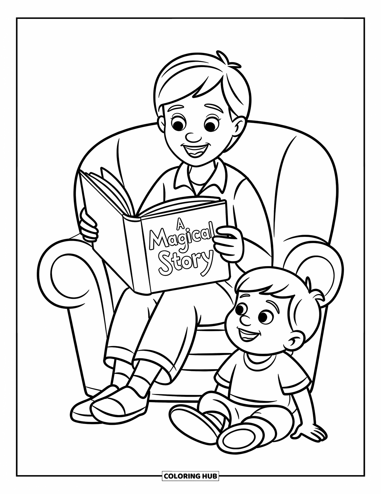 Lehrer Ausmalbild für Kinder: Lehrer liest ein Buch in einem gemütlichen Sessel, während ein Kind aufmerksam zuhört