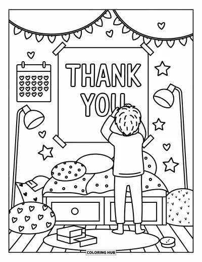Thank You Coloring Page for Adults: A cheerful child decorates a bedroom wall with a giant "Thank You" poster and garlands