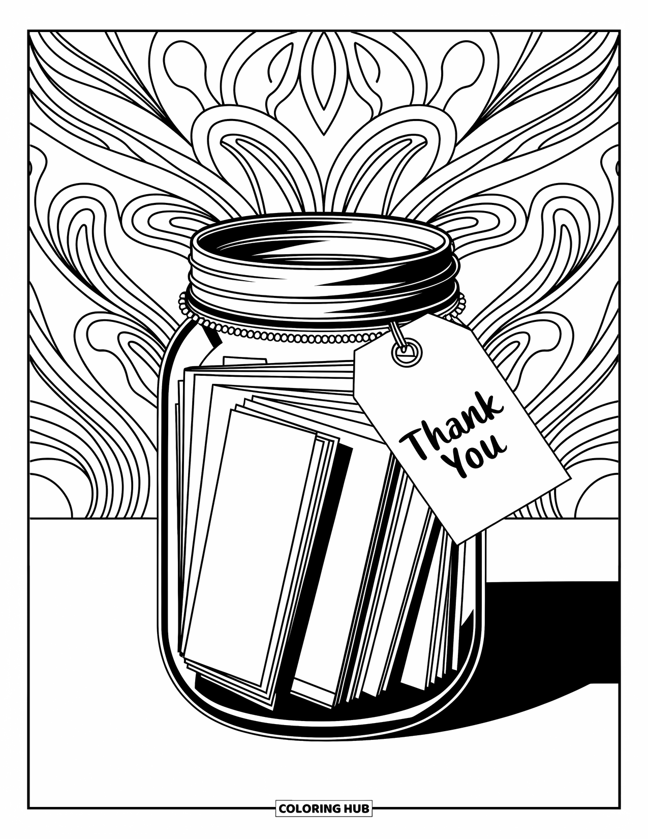 Thank You Coloring Page for Adults: A decorative jar of notes with a "Thank You" tag is framed by elegant swirling motifs