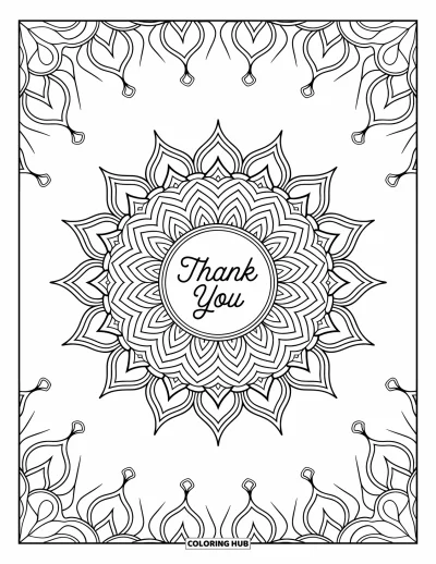 Thank You Coloring Page for Adults: A detailed mandala surrounds "Thank You" in the center, with flowing lines and elegant motifs