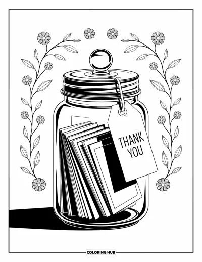Thank You Coloring Page for Adults: A glass jar with a "Thank You" tag rests among floral and geometric patterned details