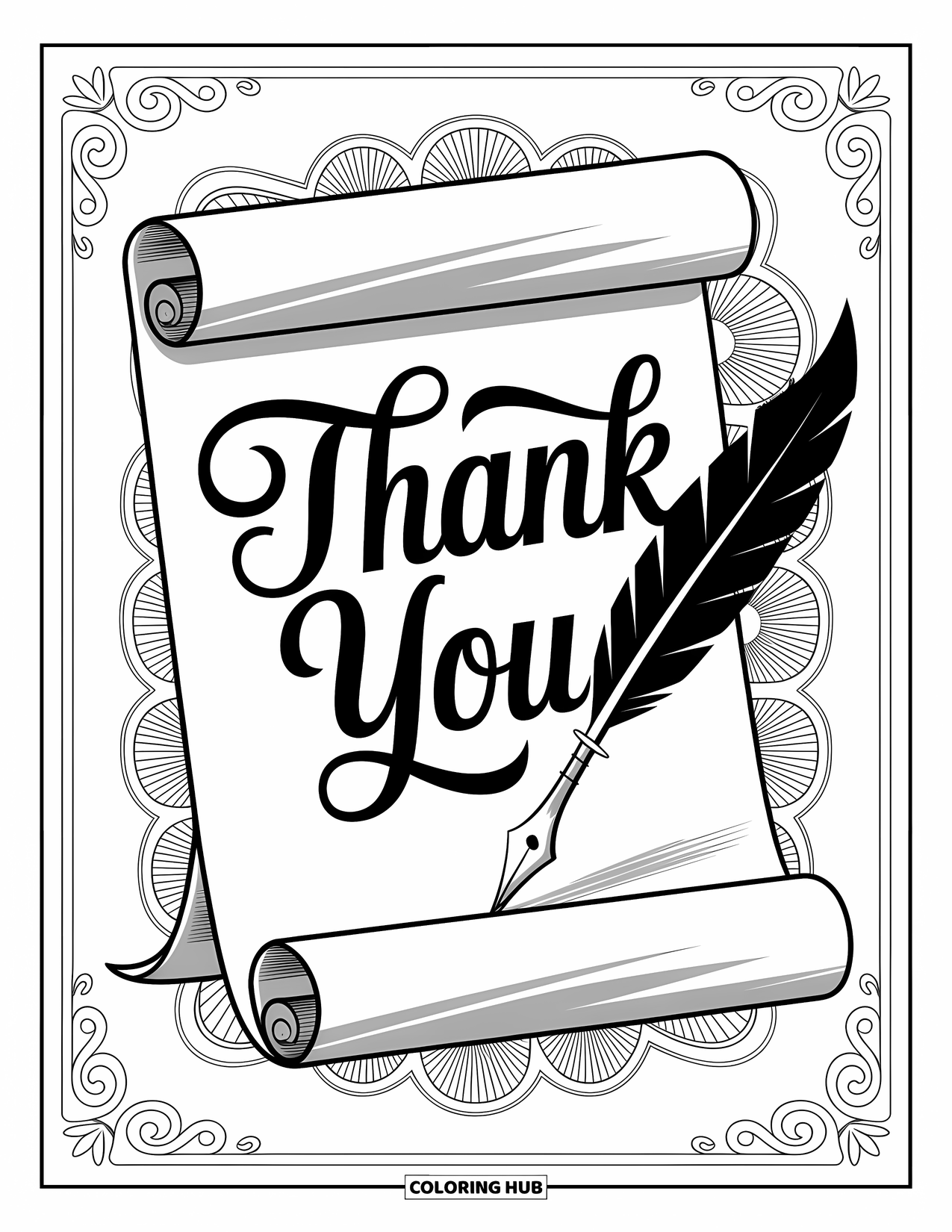 Thank You Coloring Page for Adults: A quill rests next to a scroll with "Thank You" surrounded by patterned borders and vines