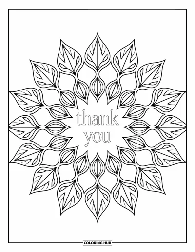 Thank You Coloring Page for Adults: An intricate mandala design features "Thank You" at its heart, surrounded by artistic details