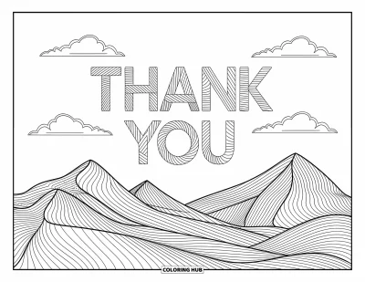Thank You Coloring Page for Adults: Clouds spell "Thank You" above mountains in a serene scene with intricate patterns throughout