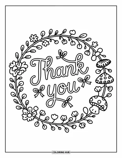 Thank You Coloring Page for Adults: Delicate flowers and mushrooms swirl around a "Thank You" message with ribbons in the center