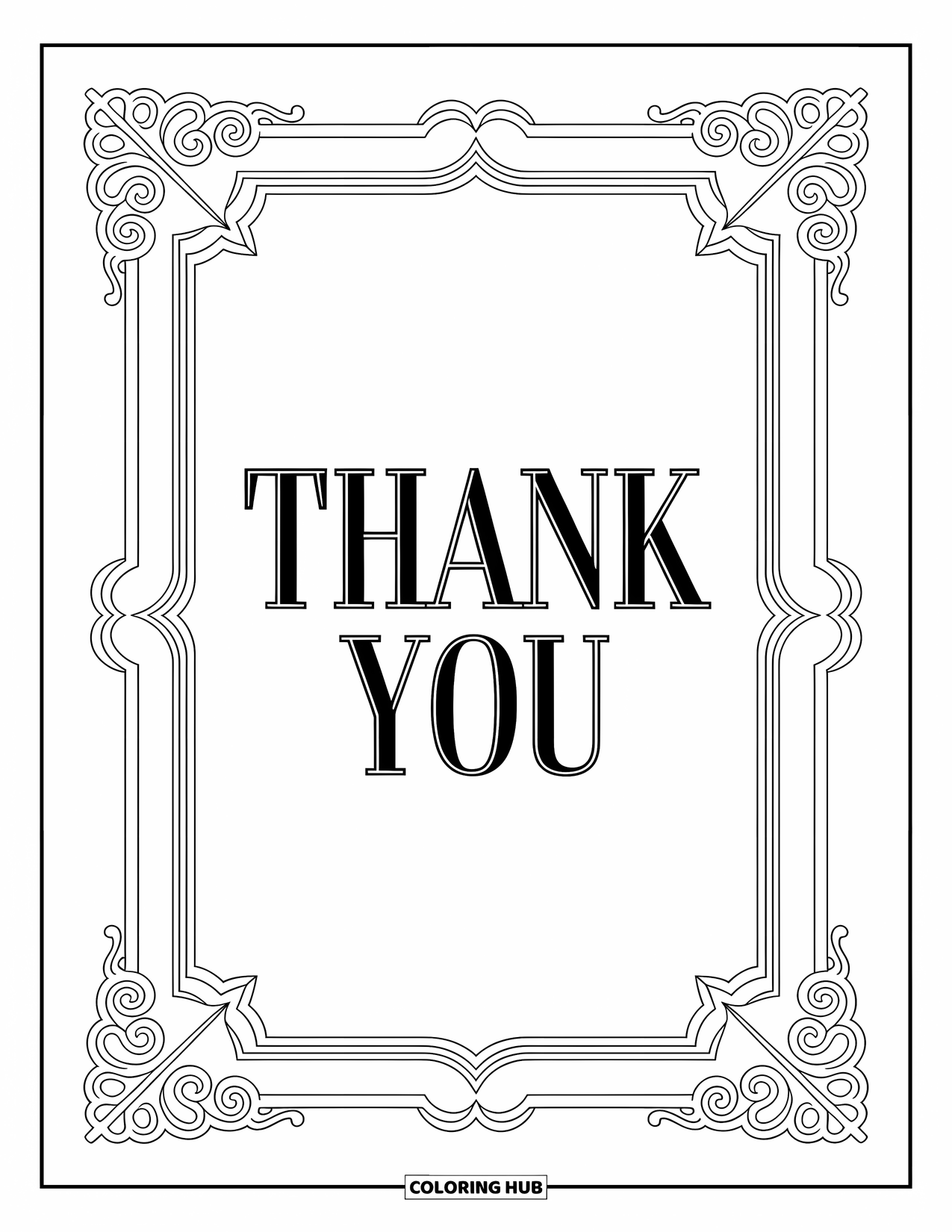 Thank You Coloring Page for Adults: Elegant "Thank You" text sits inside a vintage frame with intricate filigree corners and borders