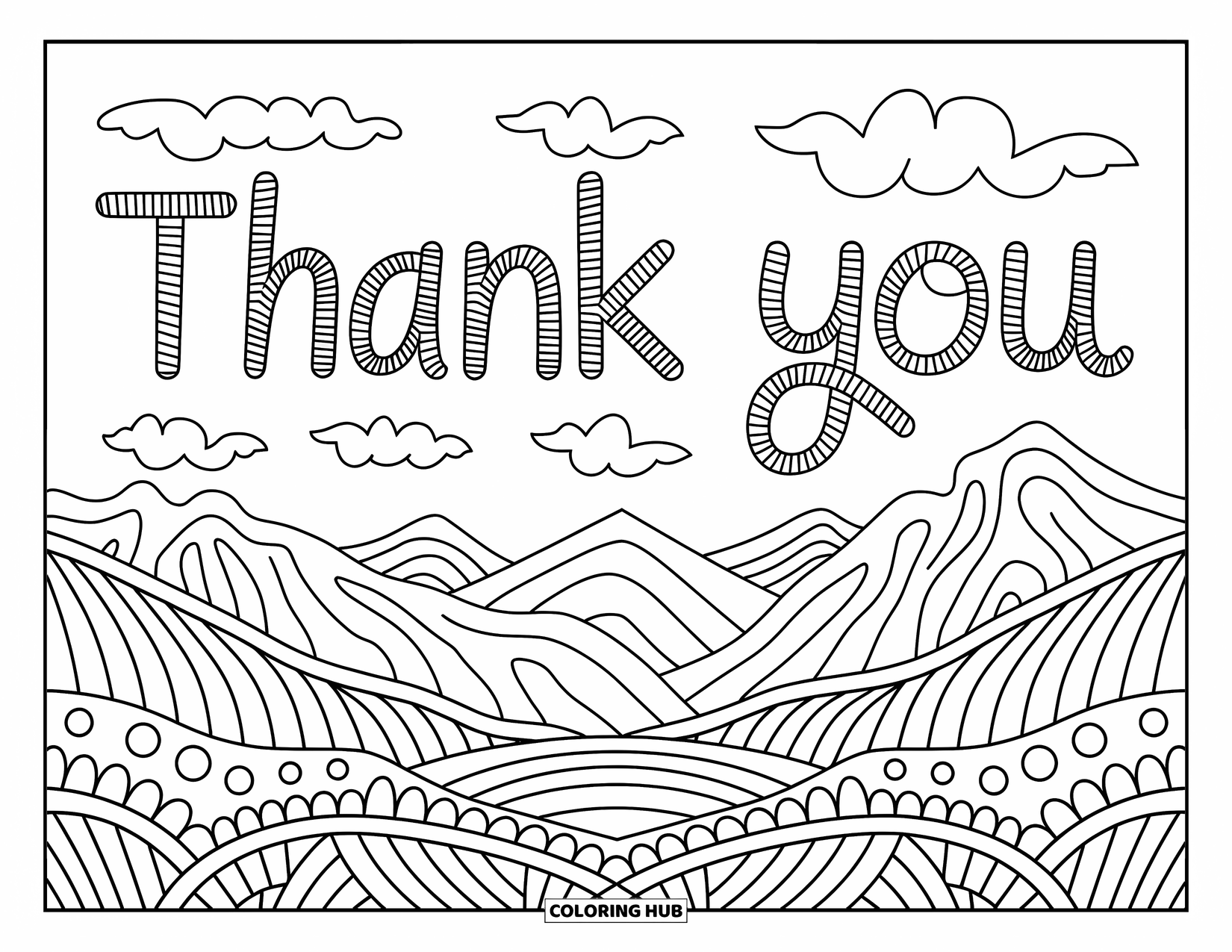Thank You Coloring Page for Adults: Mountains stretch beneath clouds that gently spell "Thank You" in a peaceful, patterned landscape