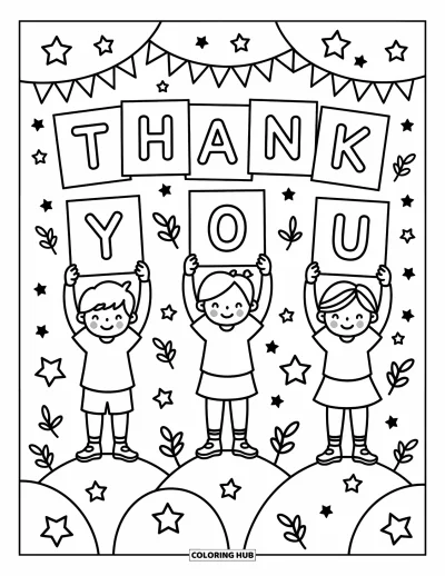 Thank You Coloring Page for Adults: Smiling kids display "Thank You" signs on gentle hills with stars and playful decorations