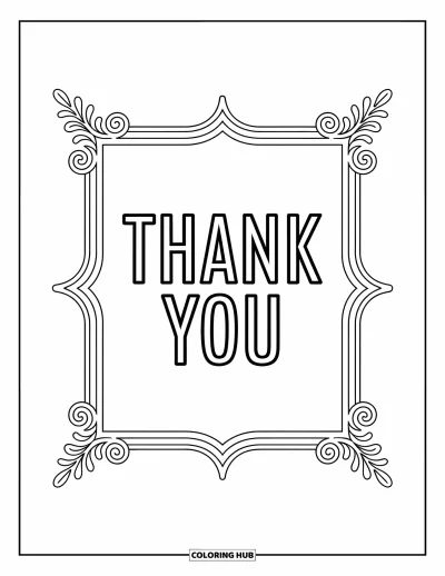 Thank You Coloring Page for Adults: "Thank You" is centered in a vintage frame with delicate patterns filling the surrounding space