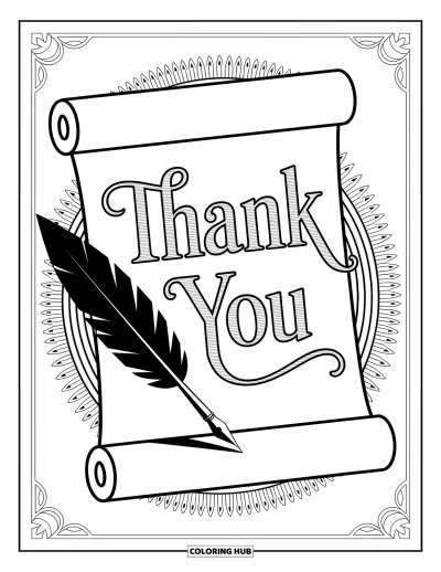 Thank You Coloring Page for Adults: "Thank You" is written on a scroll beside a quill, framed by delicate artistic patterns
