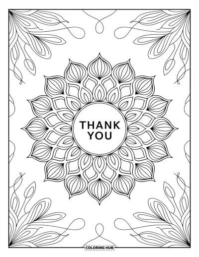Thank You Coloring Page for Adults: "Thank You" sits at the center of a mandala filled with swirling, intricate patterns