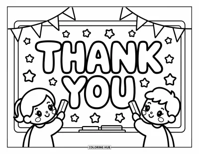 Thank You Coloring Page for Adults: Two cheerful kids draw stars and flowers around a chalkboard that says "Thank You