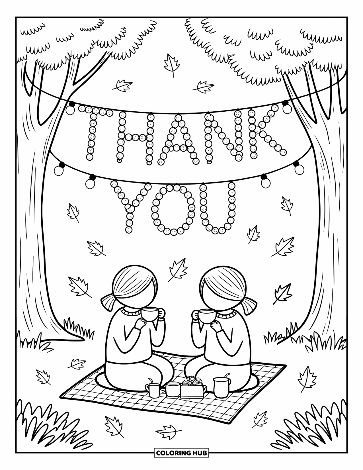 Thank You Coloring Page for Adults: Under glowing string lights, two friends enjoy tea while "Thank You" shines above