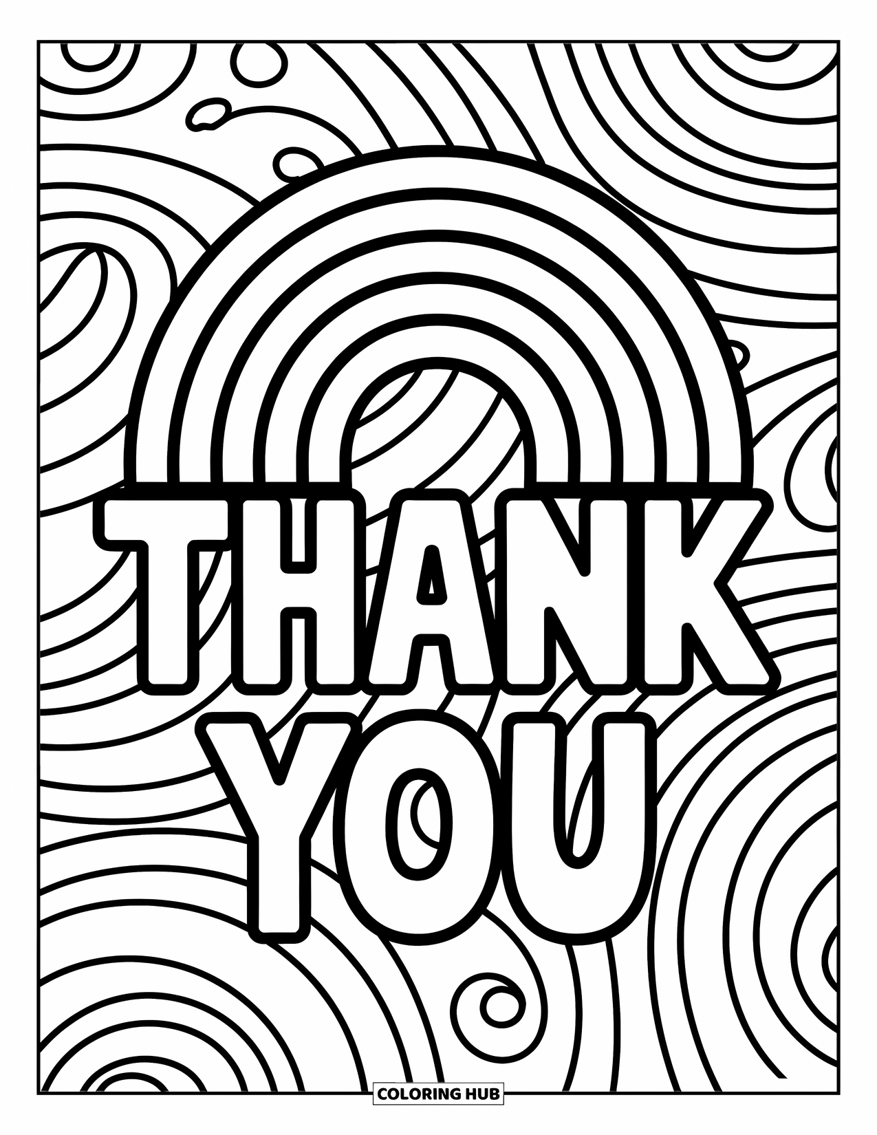 Thank You Coloring Page for Kids: A big rainbow shines above "Thank You" with playful patterns swirling in the sky