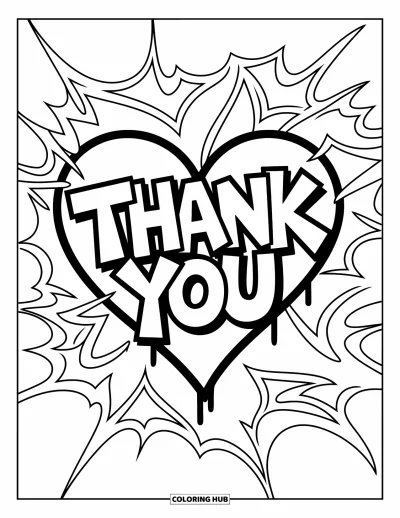 Thank You Coloring Page for Kids: A blocky "Thank You" fills a graffiti heart, surrounded by modern swirls and street-style flair