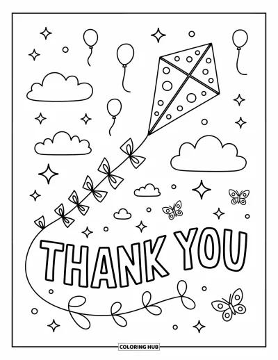 Thank You Coloring Page for Kids: A cheerful kite soars with a tail that spells "Thank You" among balloons and butterflies