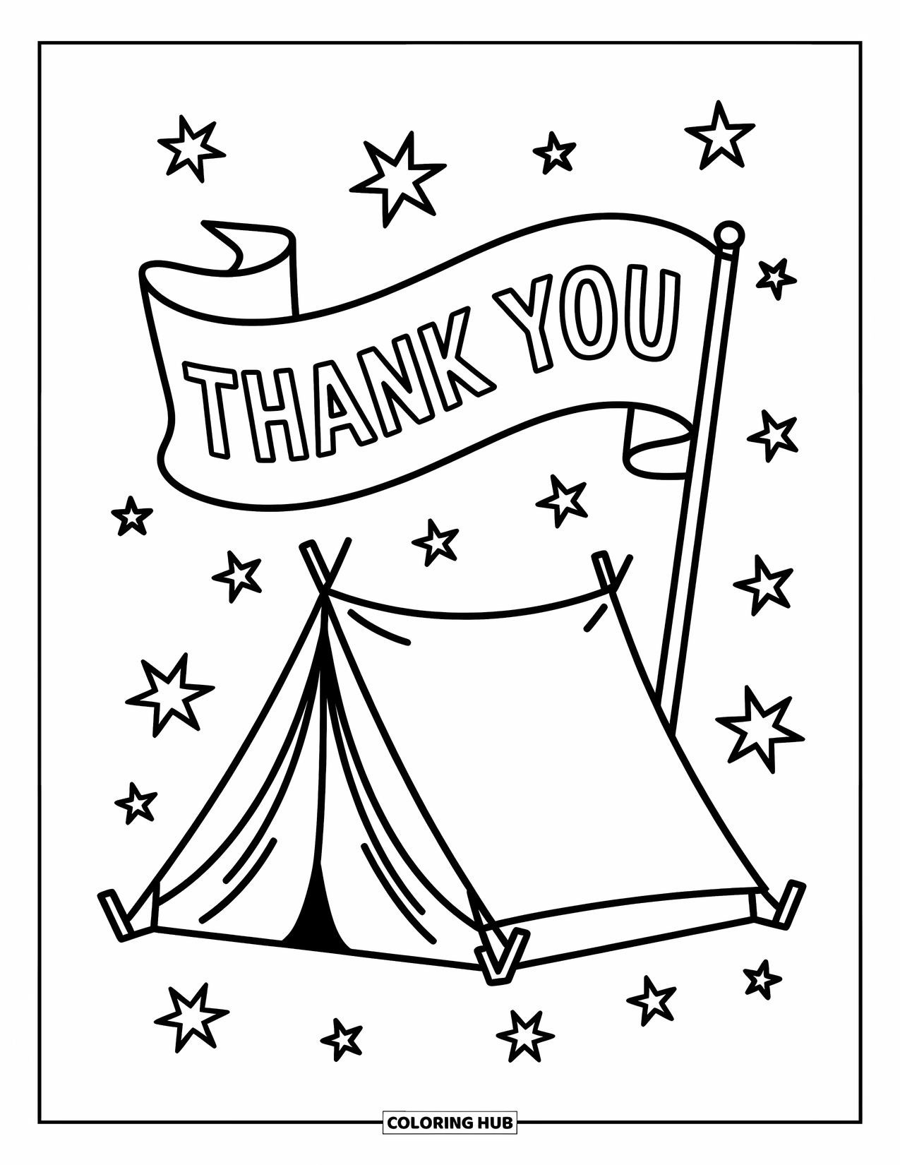 Thank You Coloring Page for Kids: A cozy tent under stars with a thank-you flag fluttering gently in the breeze