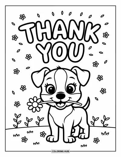 Thank You Coloring Page for Kids: A cute puppy holds a flower with "Thank You" written above, surrounded by swirls and blooms
