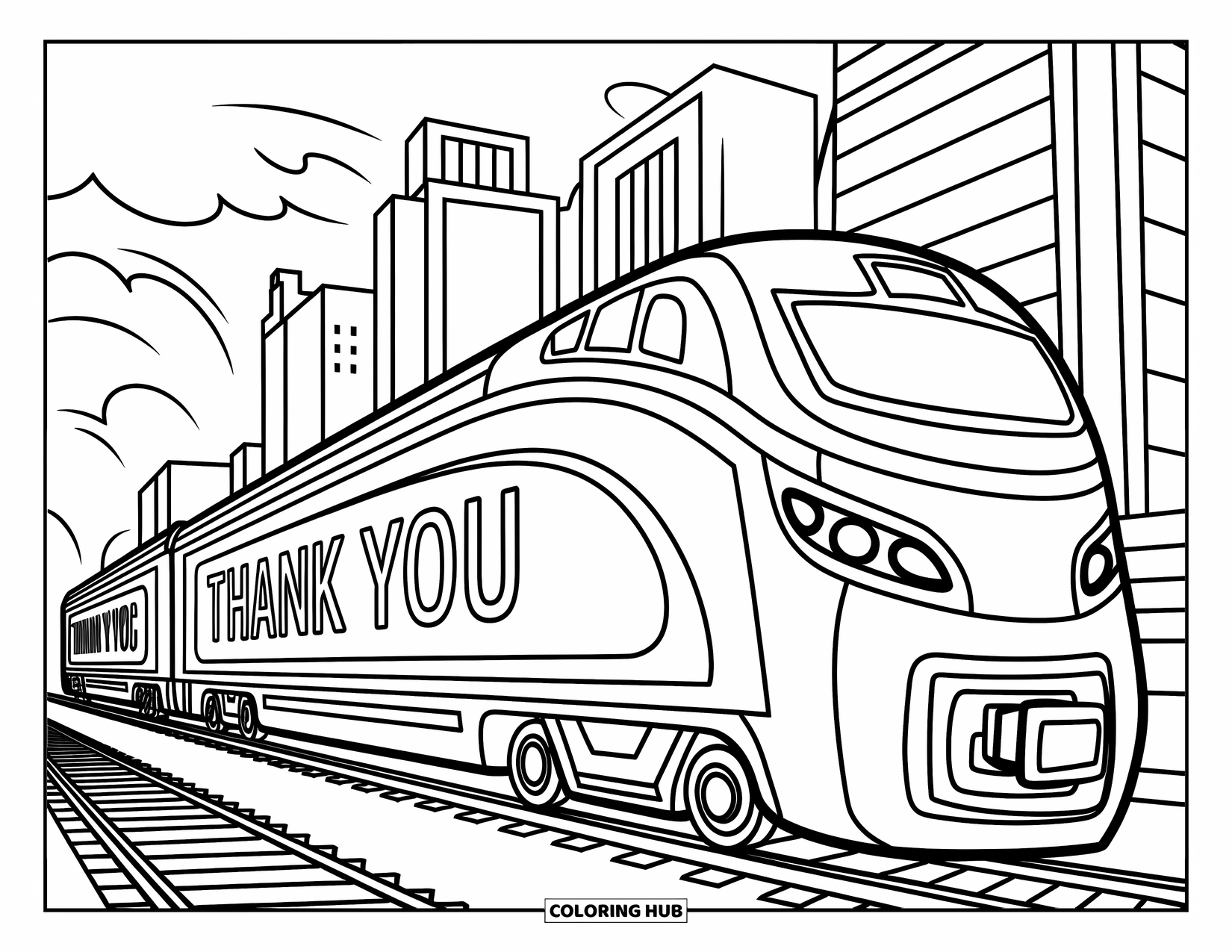 Thank You Coloring Page for Kids: A fast train shows "Thank You" on its cars with a lively city scene behind it