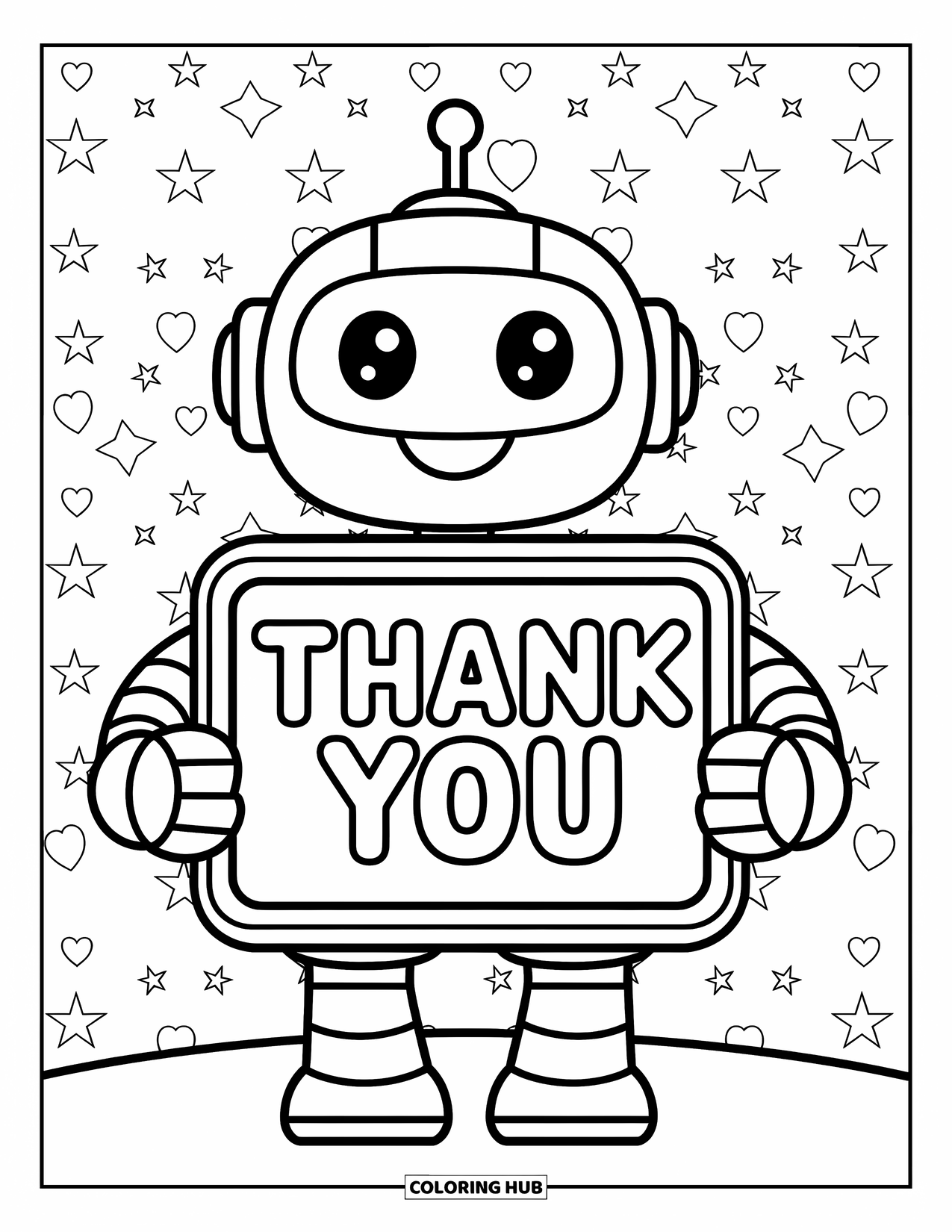 Thank You Coloring Page for Kids: A friendly robot holds a "Thank You" screen with stars and hearts floating around