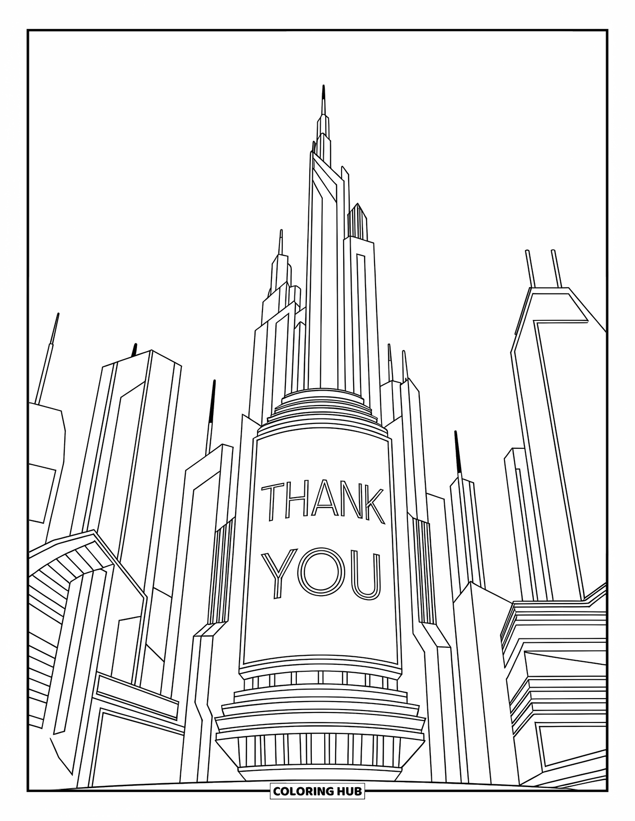Thank You Coloring Page for Kids: A futuristic skyscraper displays "Thank You" as city lights glow behind clean, modern shapes