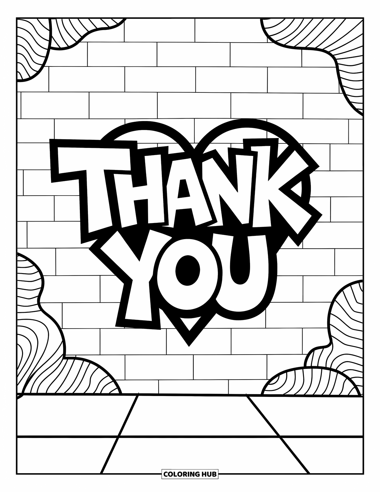 Thank You Coloring Page for Kids: A graffiti heart with "Thank You" pops against playful patterns and expressive urban designs